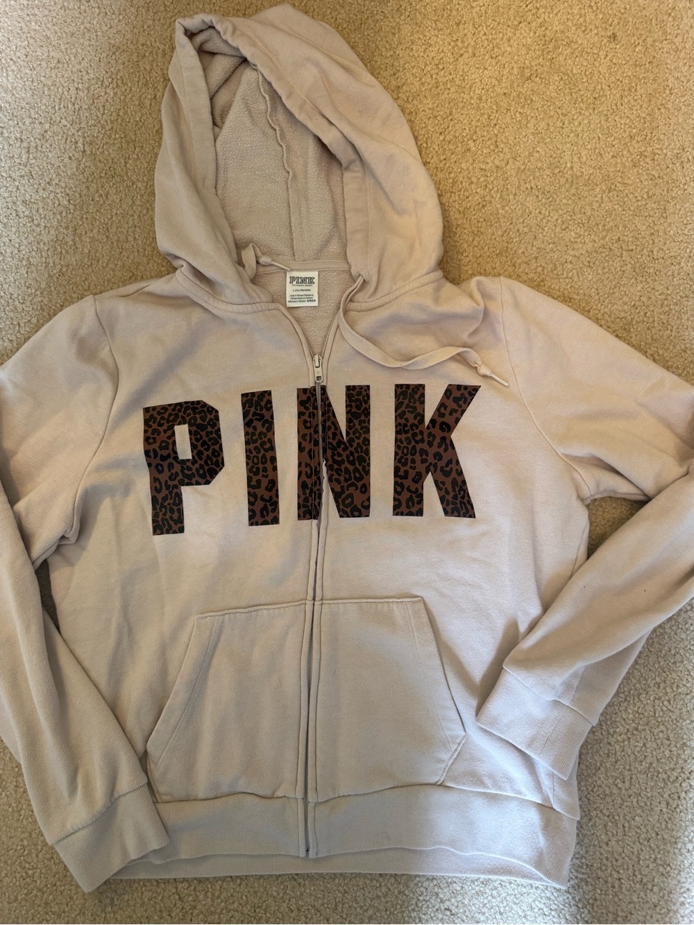 PINK Victoria's Secret Beige Zip-Up Hoodie with Leopard Print